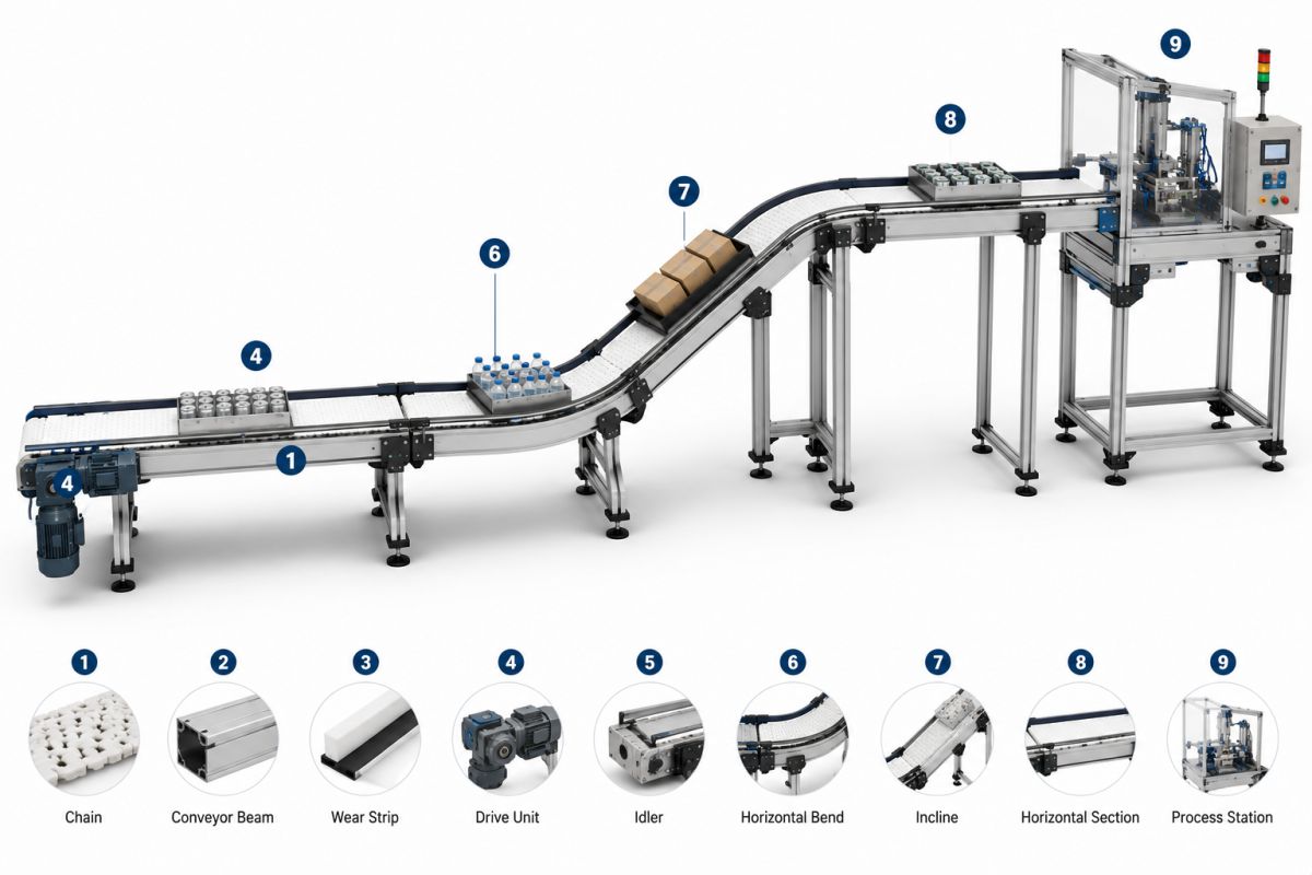 flexible chain conveyor layout with horizontal curves and elevation changes