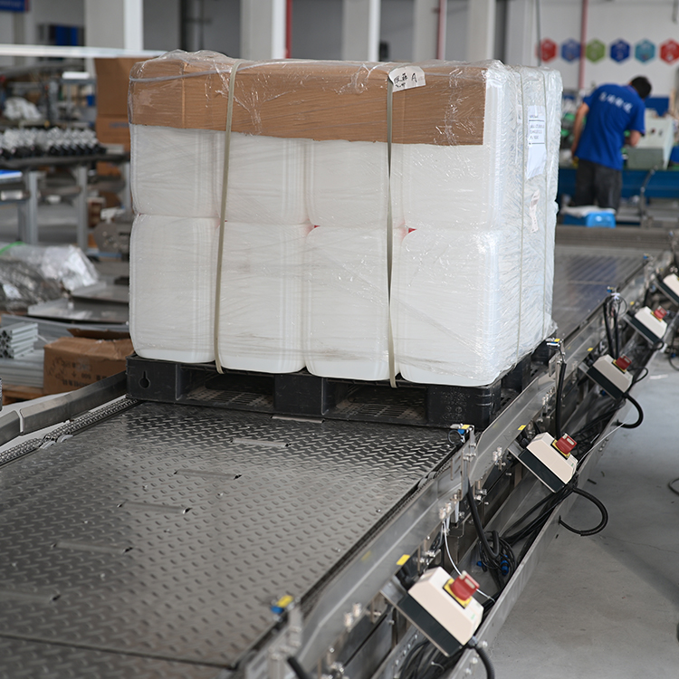 This pallet roller conveyor safely transports heavy packaged food goods on pallets, ideal for Indonesian seasoning factories. Durable, stable, high-load performance.